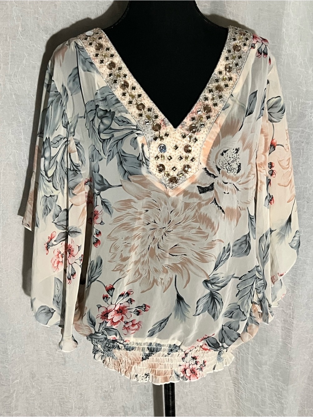 Studio Y Cream, pink, & blue Floral Beaded V-Neck blouse